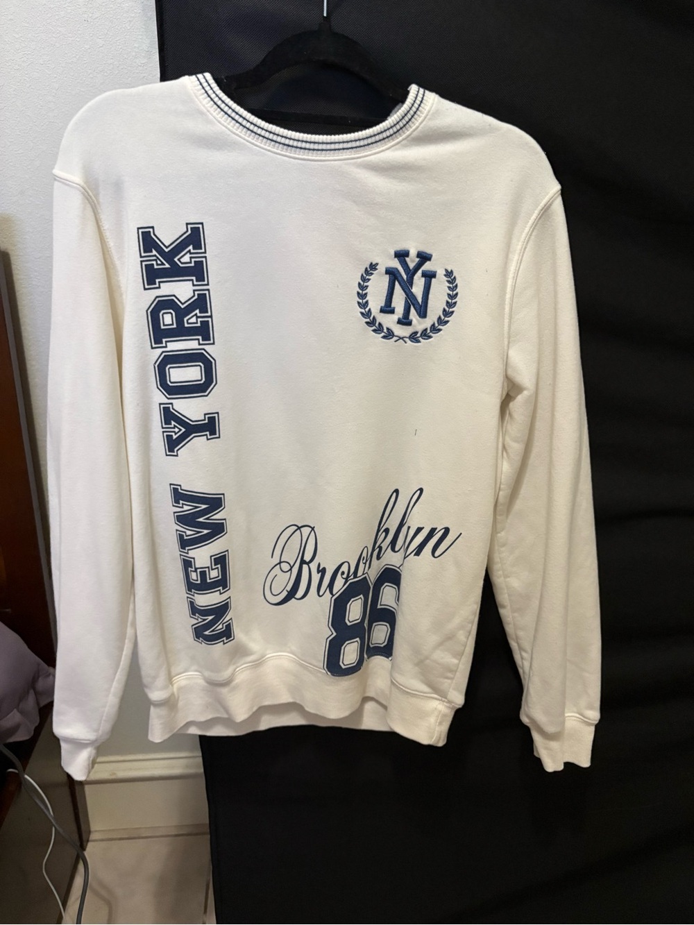 Love Tribe White Crewneck Sweater with Navy New York Brooklyn Graphics